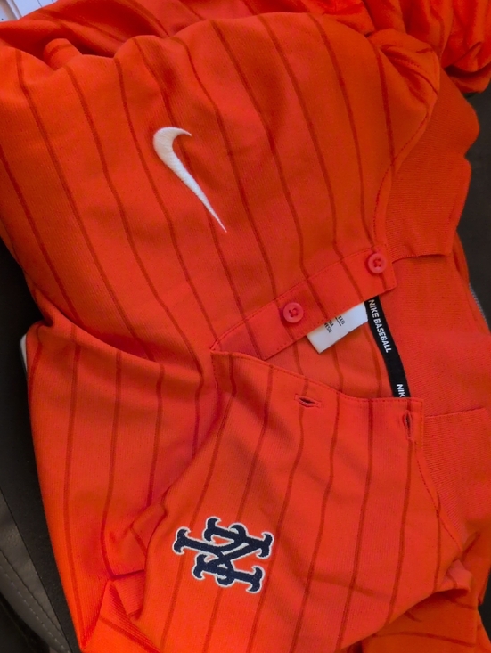 Nike Other - Nike Orange Pinstripe Baseball Jersey with White Swoosh and Navy NY Patch